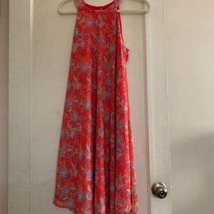 Cupio Tea Length Red Floral Hi neck Dress
